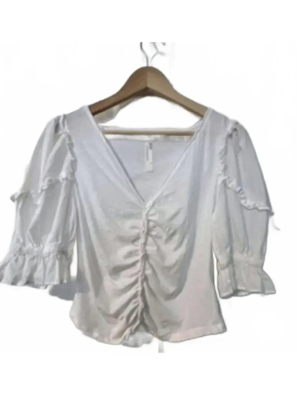 By Anthropologie White Ruched Front Blouse Ruffle Puff Sleeve Top Size S